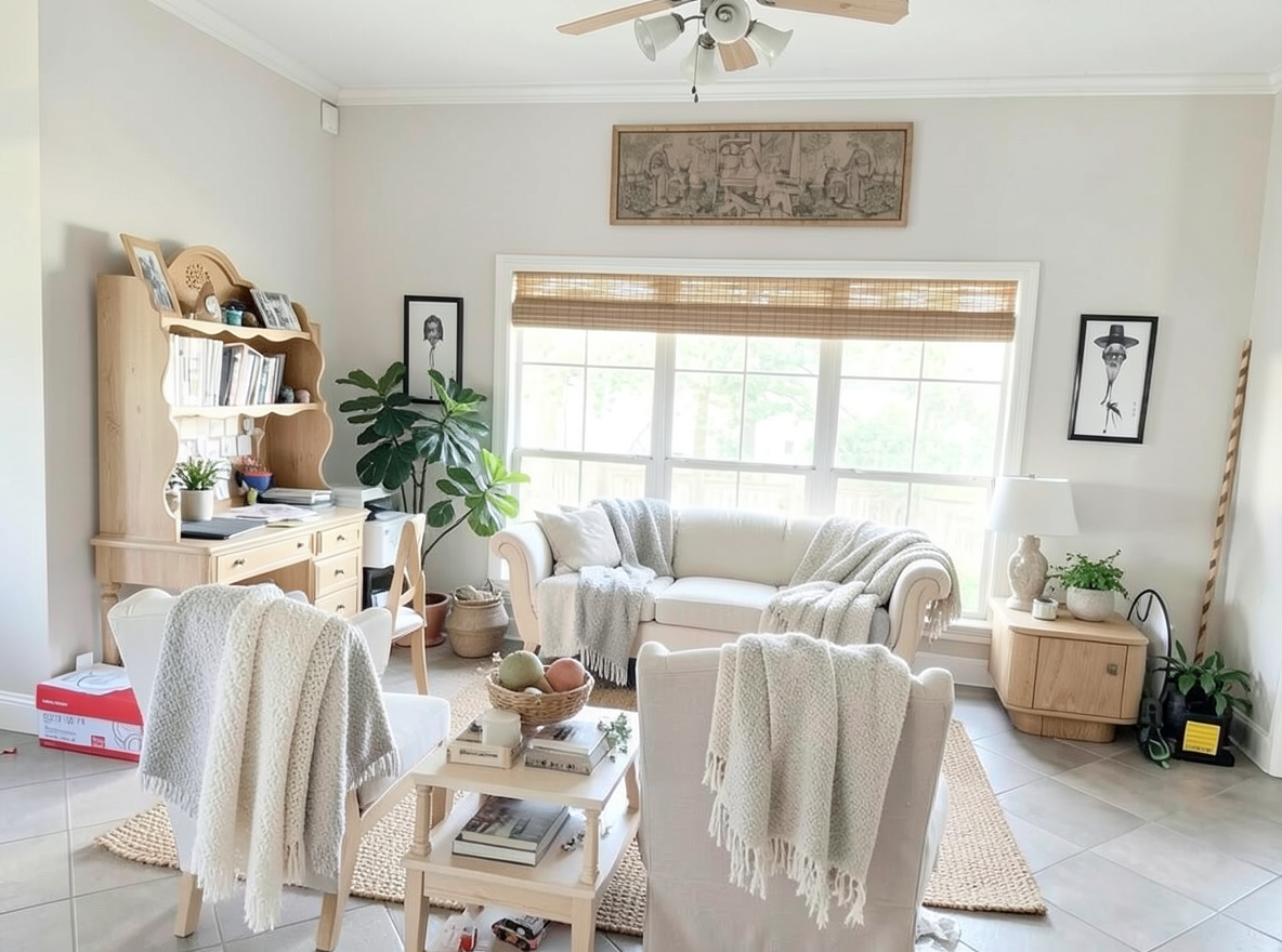 Main redesign studio: Redesign this room in a Scandinavian interior style: light oak wood, a white and soft-grey palette, wool and linen textiles, a woven jute rug, leafy p