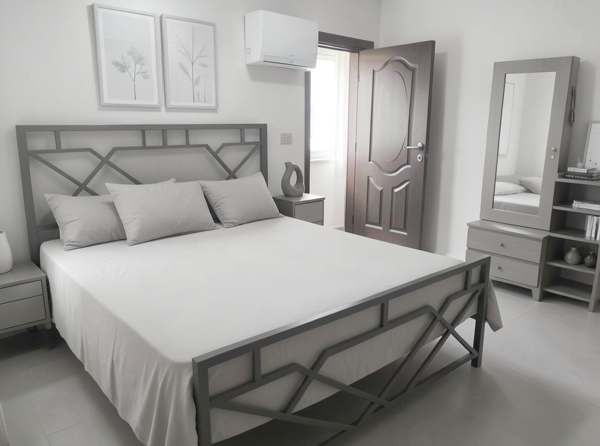 Main redesign studio: Redesign this room in a Minimalist interior style: an uncluttered space, a monochrome neutral palette, a few sculptural pieces, concealed storage, sof