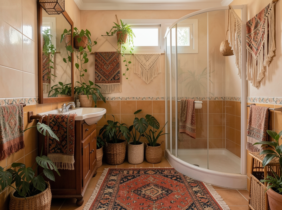 Main redesign studio: Redesign this room in a Boho interior style: layered patterned textiles, rattan and macramé, terracotta and warm earthy tones, abundant plants, vintag