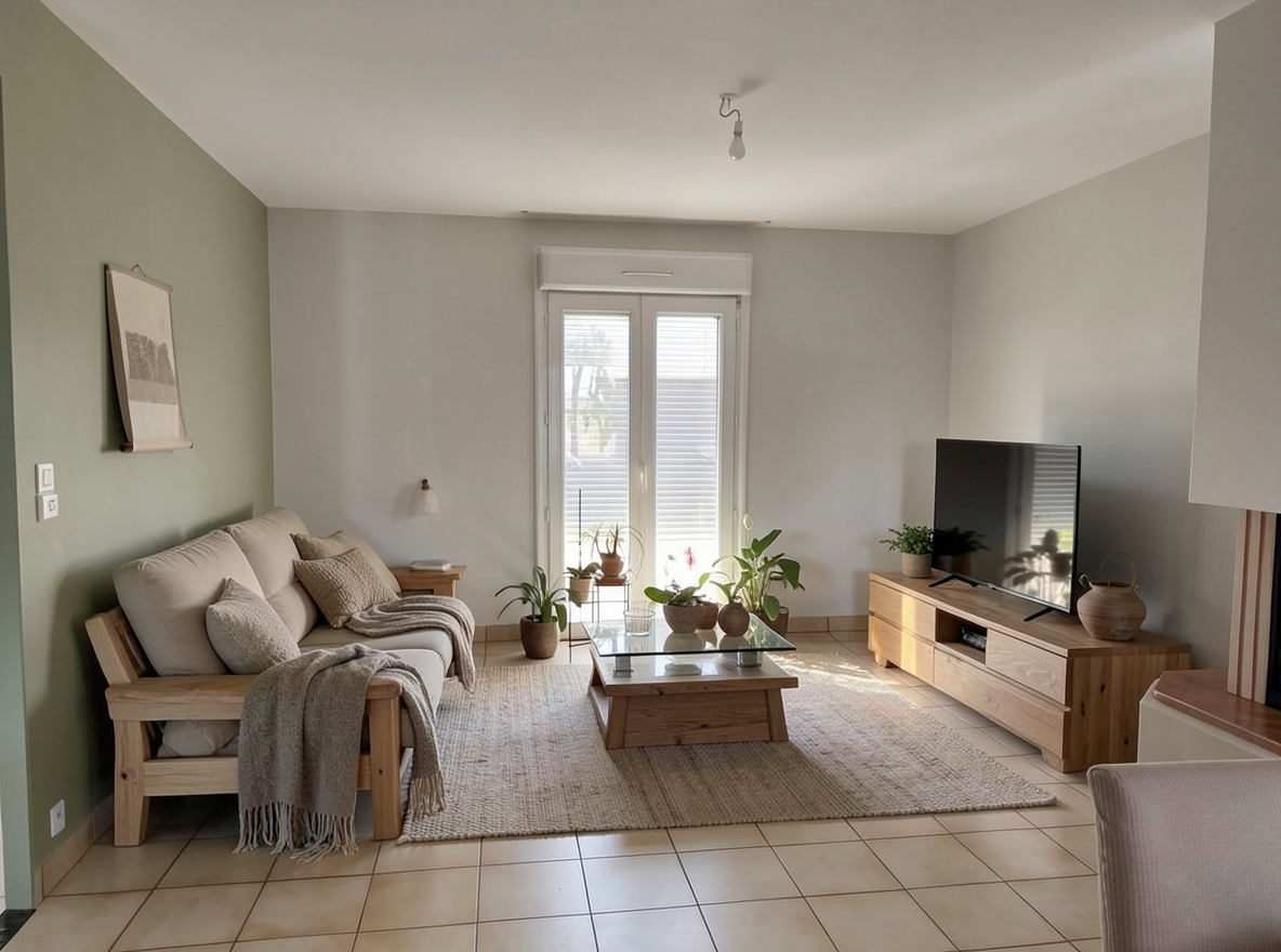 Main redesign studio: Redesign this room in a Japandi interior style: low natural-wood furniture, a muted earthy palette, handcrafted ceramics, linen textiles, soft diffuse