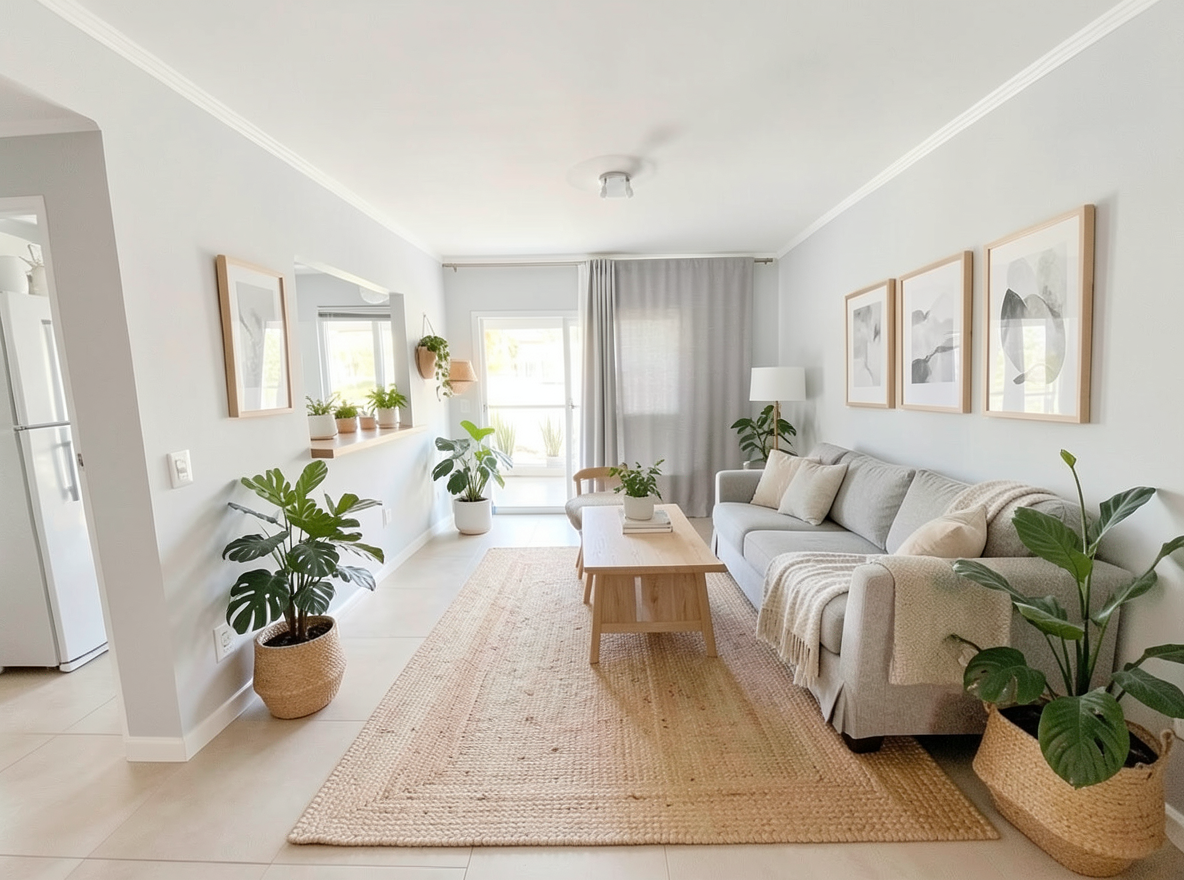 Main redesign studio: Redesign this room in a Scandinavian interior style: light oak wood, a white and soft-grey palette, wool and linen textiles, a woven jute rug, leafy p