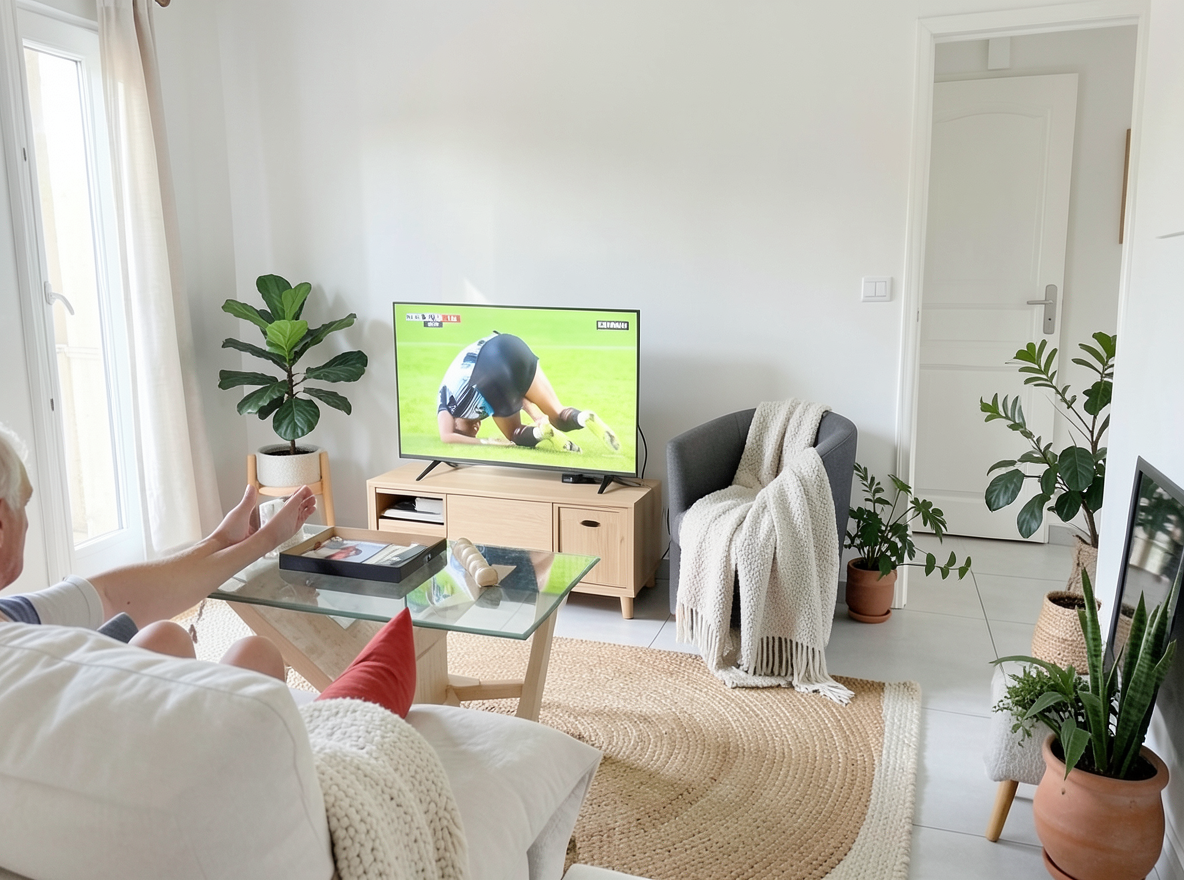 Main redesign studio: Redesign this room in a Scandinavian interior style: light oak wood, a white and soft-grey palette, wool and linen textiles, a woven jute rug, leafy p