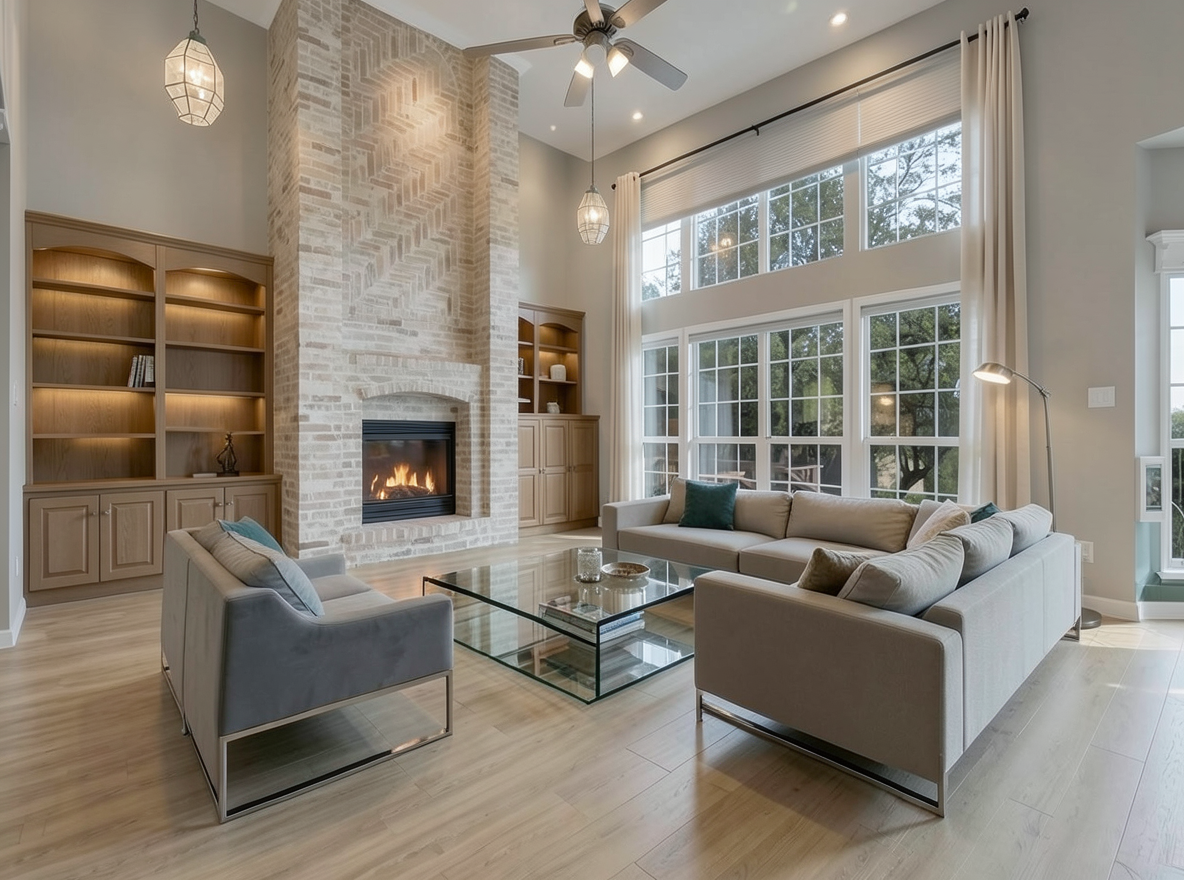 Main redesign studio: Redesign this room in a Modern interior style: clean lines, a neutral palette with bold accents, sleek low-profile furniture, glass and matte-metal su