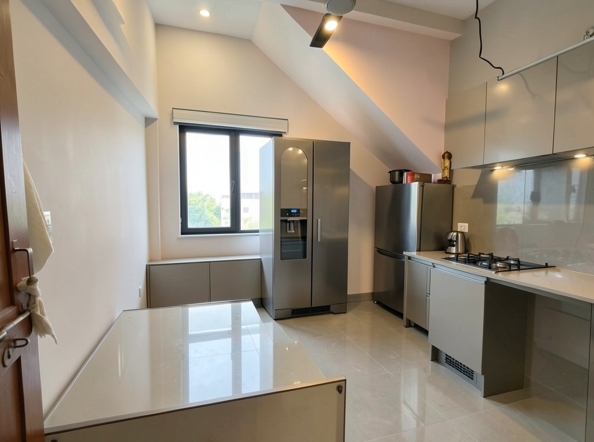 Main redesign studio: Redesign this room in a Modern interior style: clean lines, a neutral palette with bold accents, sleek low-profile furniture, glass and matte-metal su