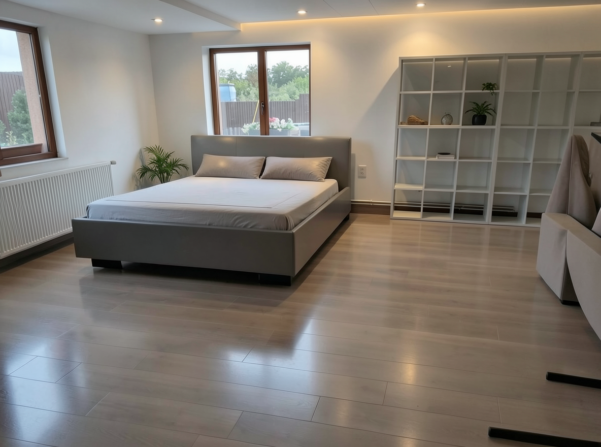 Main redesign studio: Redesign this room in a Modern interior style: clean lines, a neutral palette with bold accents, sleek low-profile furniture, glass and matte-metal su