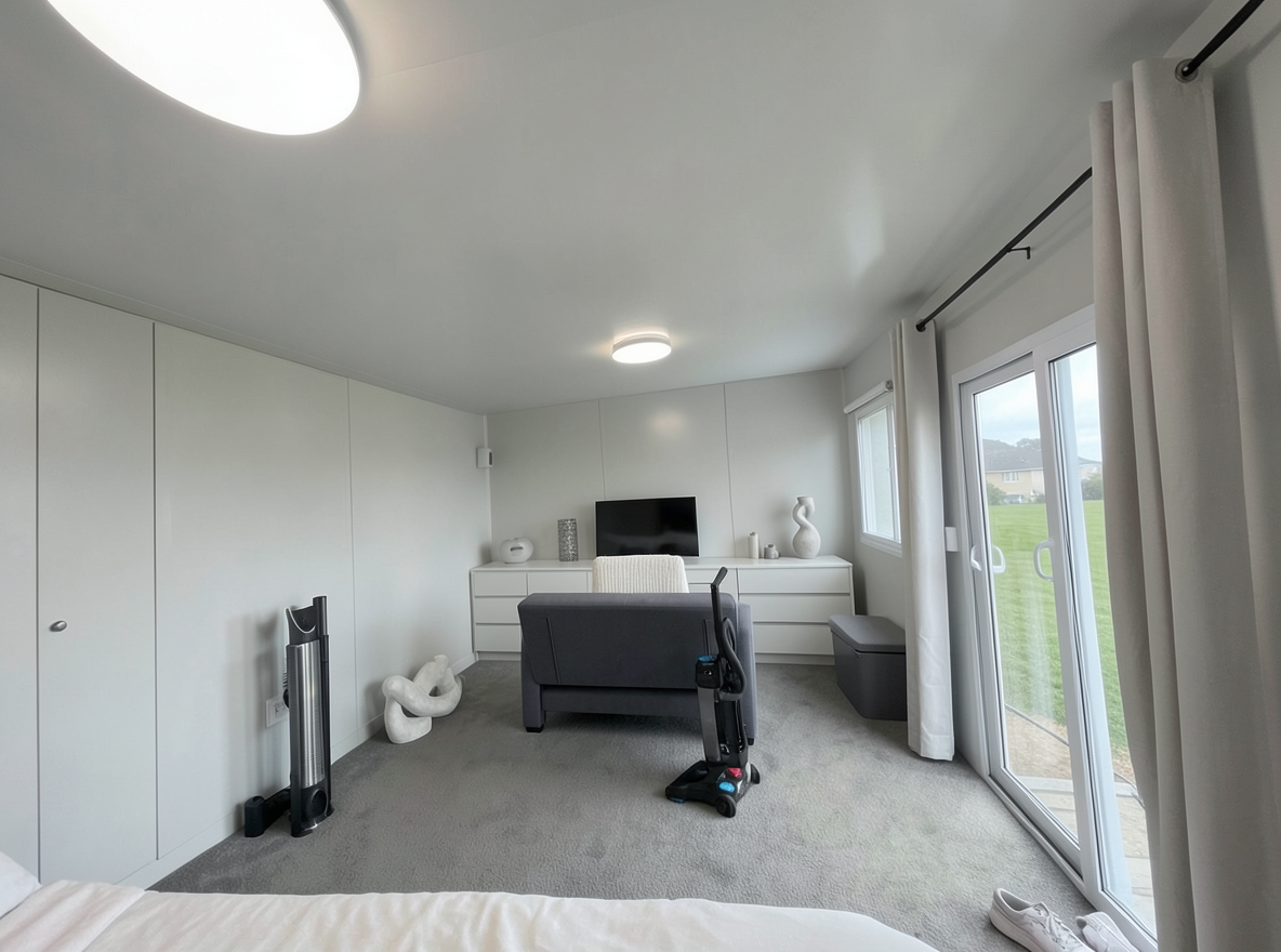 Main redesign studio: Redesign this room in a Minimalist interior style: an uncluttered space, a monochrome neutral palette, a few sculptural pieces, concealed storage, sof
