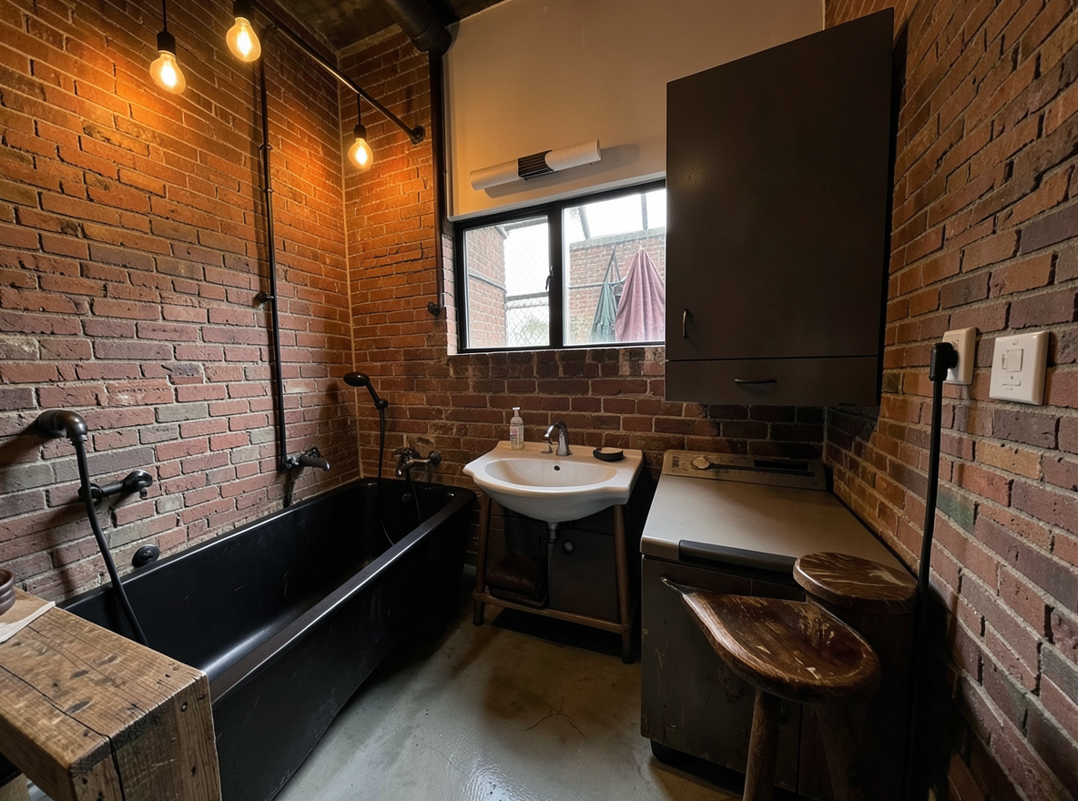 Main redesign studio: Redesign this room in a Industrial interior style: exposed-brick walls, black steel and reclaimed-wood furniture, polished concrete floor, leather acc