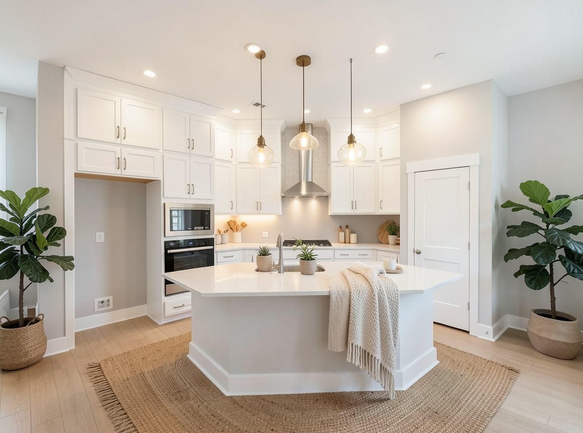 Main redesign studio: Redesign this room in a Scandinavian interior style: light oak wood, a white and soft-grey palette, wool and linen textiles, a woven jute rug, leafy p