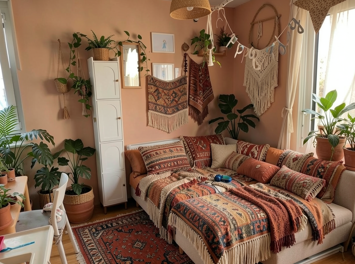 Main redesign studio: Redesign this room in a Boho interior style: layered patterned textiles, rattan and macramé, terracotta and warm earthy tones, abundant plants, vintag