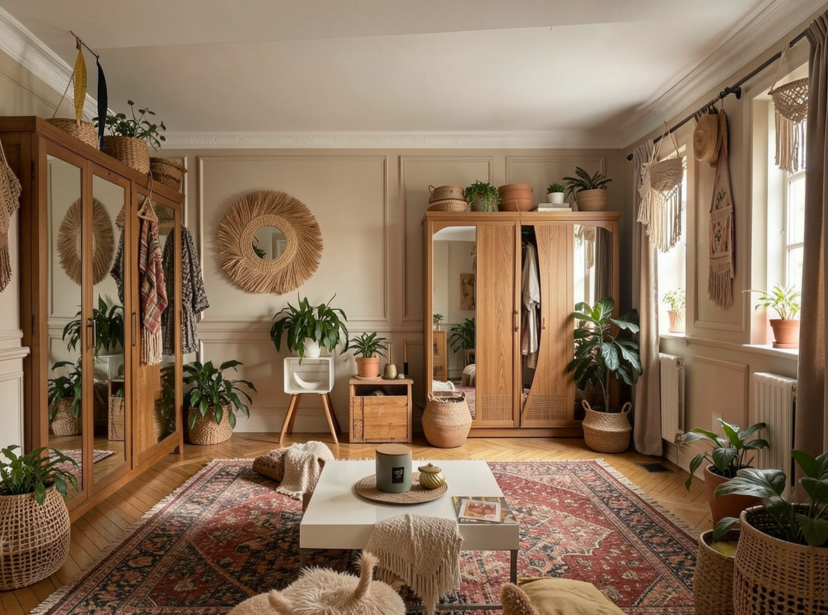 Main redesign studio: Redesign this room in a Boho interior style: layered patterned textiles, rattan and macramé, terracotta and warm earthy tones, abundant plants, vintag