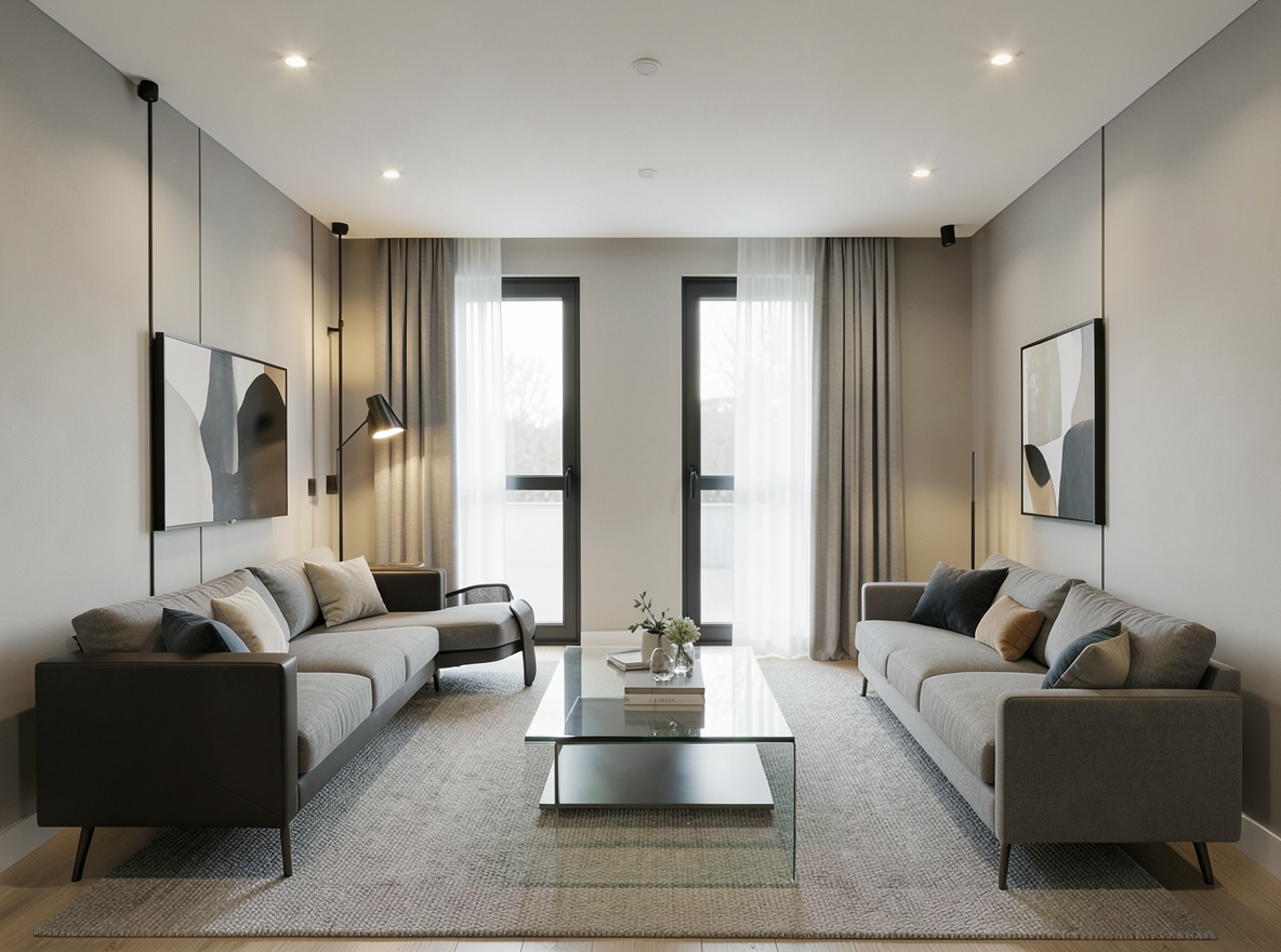 Main redesign studio: Redesign this room in a Modern interior style: clean lines, a neutral palette with bold accents, sleek low-profile furniture, glass and matte-metal su