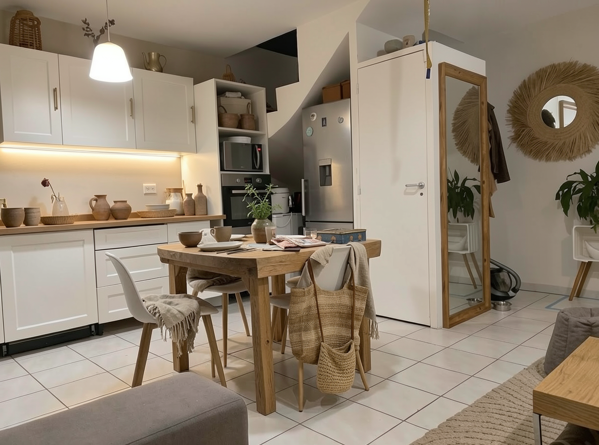Main redesign studio: Redesign this room in a Japandi interior style: low natural-wood furniture, a muted earthy palette, handcrafted ceramics, linen textiles, soft diffuse