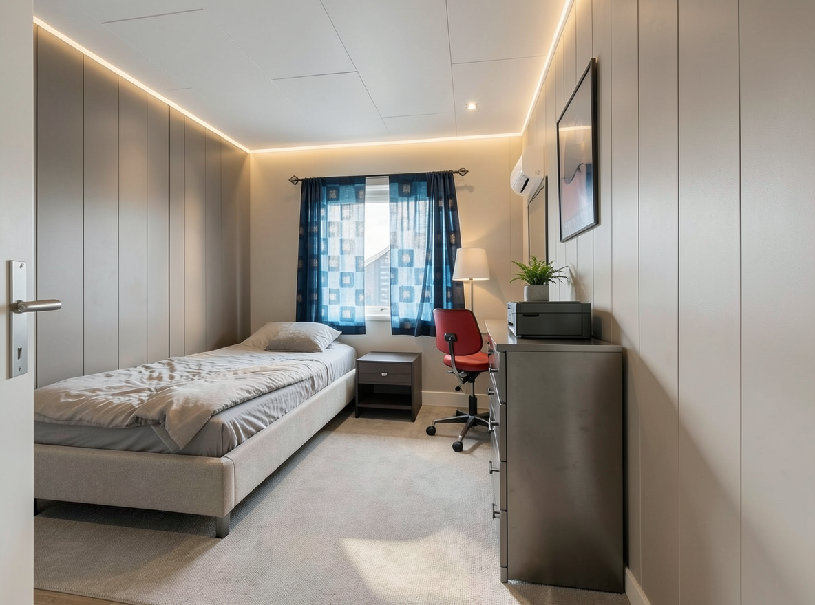 Main redesign studio: Redesign this room in a Modern interior style: clean lines, a neutral palette with bold accents, sleek low-profile furniture, glass and matte-metal su