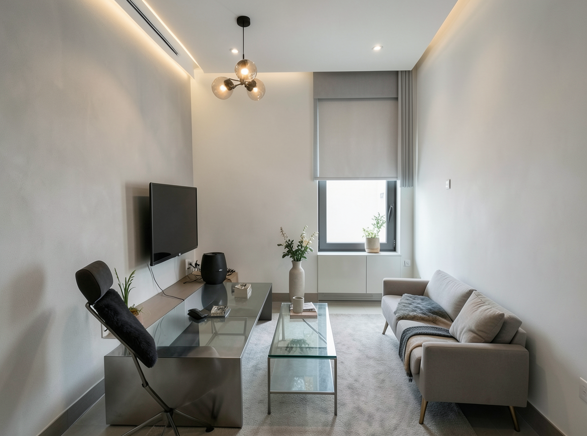 Main redesign studio: Redesign this room in a Modern interior style: clean lines, a neutral palette with bold accents, sleek low-profile furniture, glass and matte-metal su