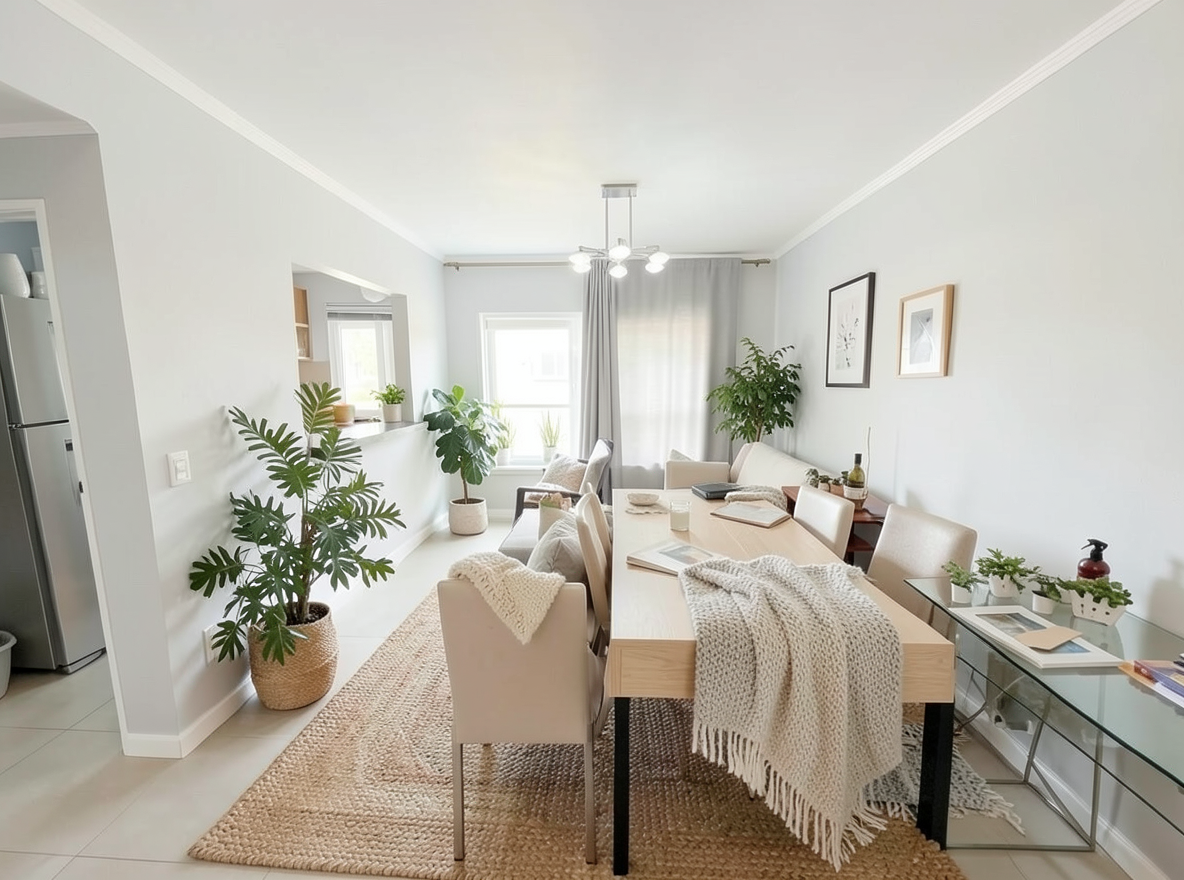 Main redesign studio: Redesign this room in a Scandinavian interior style: light oak wood, a white and soft-grey palette, wool and linen textiles, a woven jute rug, leafy p