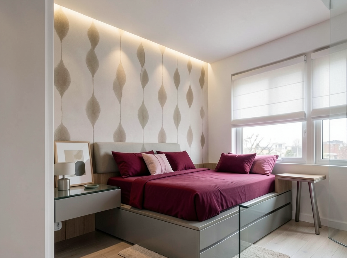 Main redesign studio: Redesign this room in a Modern interior style: clean lines, a neutral palette with bold accents, sleek low-profile furniture, glass and matte-metal su