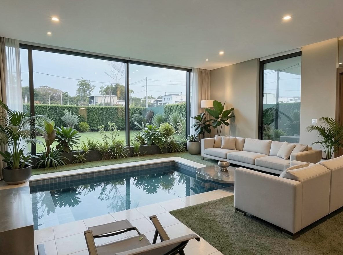 Main redesign studio: Redesign this room in a Modern interior style: clean lines, a neutral palette with bold accents, sleek low-profile furniture, glass and matte-metal su