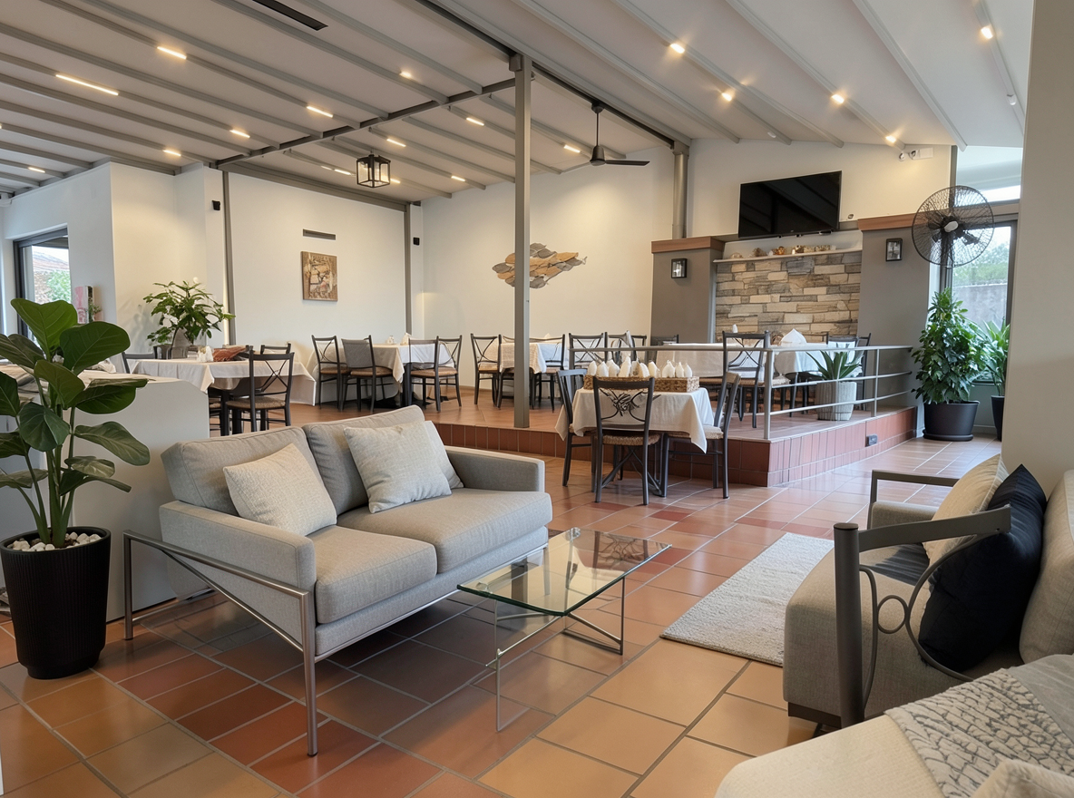 Main redesign studio: Redesign this room in a Modern interior style: clean lines, a neutral palette with bold accents, sleek low-profile furniture, glass and matte-metal su