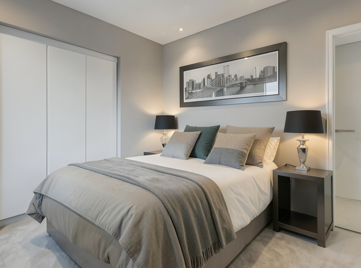 Main redesign studio: Redesign this room in a Modern interior style: clean lines, a neutral palette with bold accents, sleek low-profile furniture, glass and matte-metal su