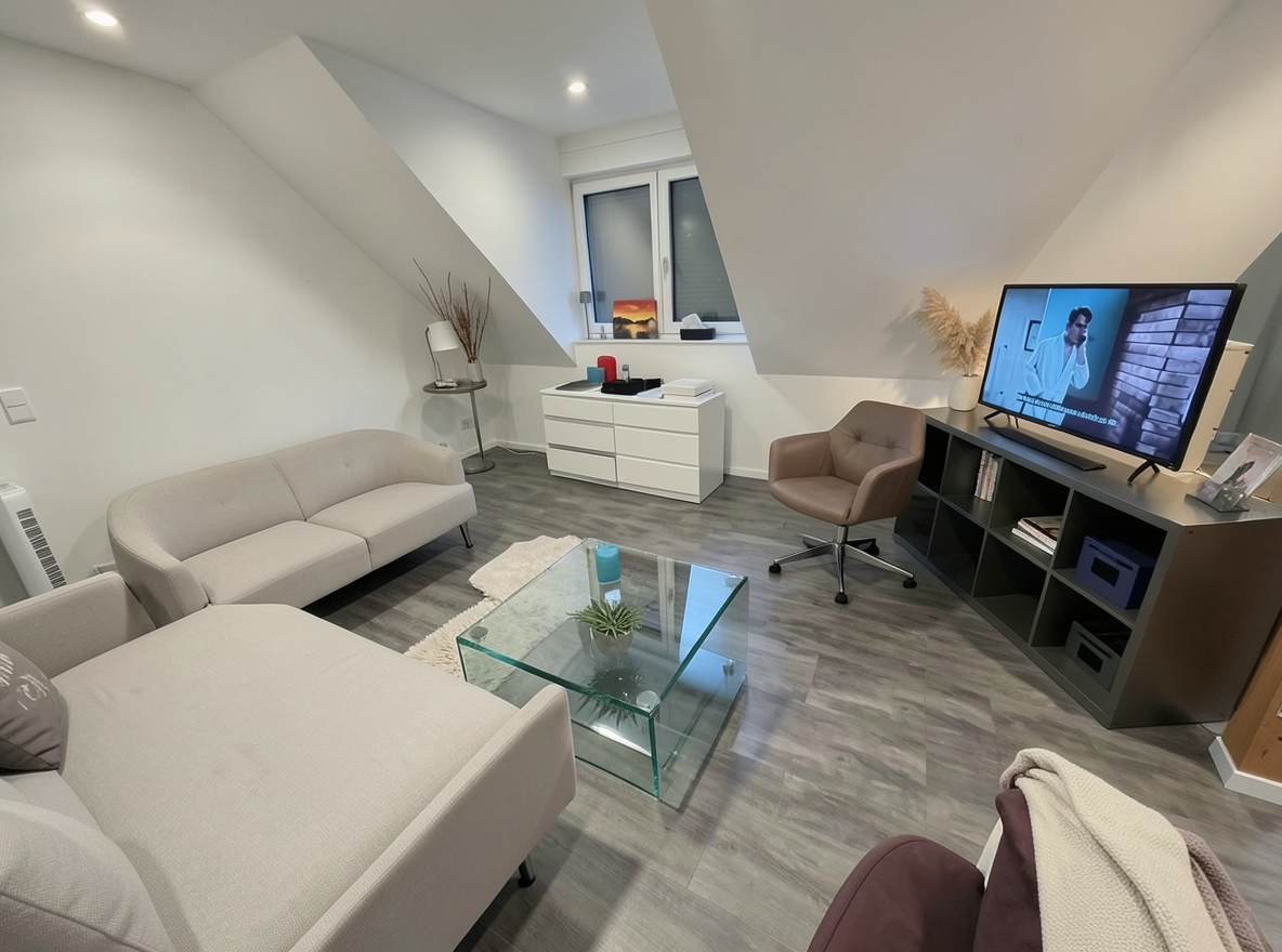 Main redesign studio: Redesign this room in a Modern interior style: clean lines, a neutral palette with bold accents, sleek low-profile furniture, glass and matte-metal su