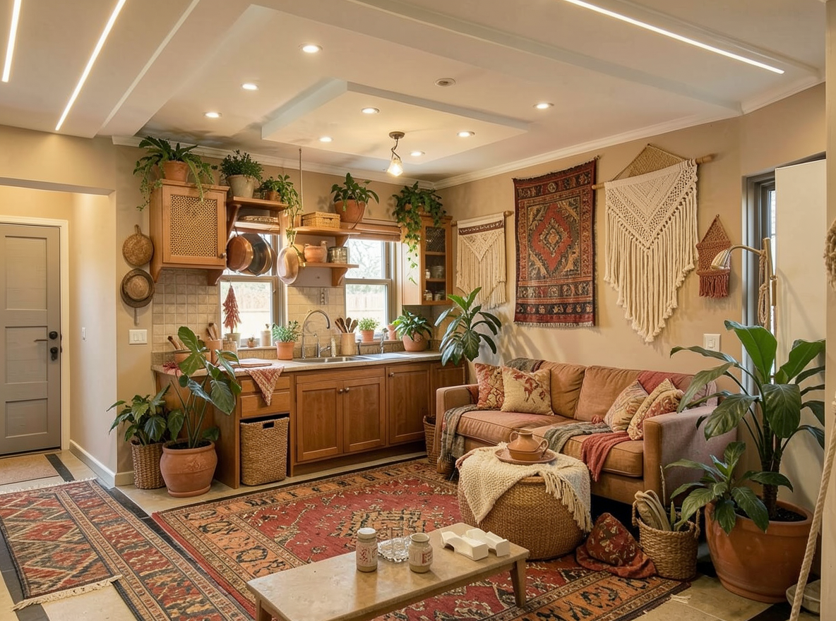 Main redesign studio: Redesign this room in a Boho interior style: layered patterned textiles, rattan and macramé, terracotta and warm earthy tones, abundant plants, vintag