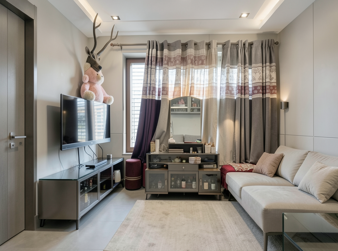 Main redesign studio: Redesign this room in a Modern interior style: clean lines, a neutral palette with bold accents, sleek low-profile furniture, glass and matte-metal su