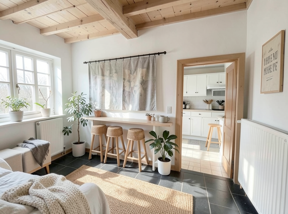 Main redesign studio: Redesign this room in a Scandinavian interior style: light oak wood, a white and soft-grey palette, wool and linen textiles, a woven jute rug, leafy p