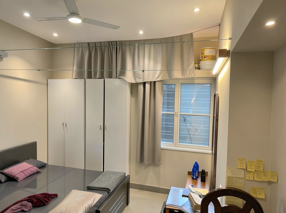 Main redesign studio: Redesign this room in a Modern interior style: clean lines, a neutral palette with bold accents, sleek low-profile furniture, glass and matte-metal su