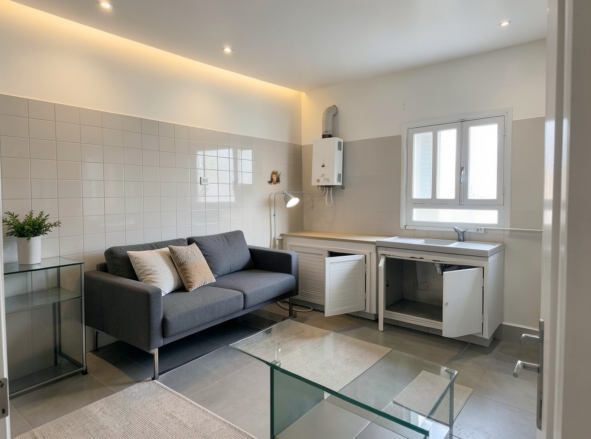 Main redesign studio: Redesign this room in a Modern interior style: clean lines, a neutral palette with bold accents, sleek low-profile furniture, glass and matte-metal su