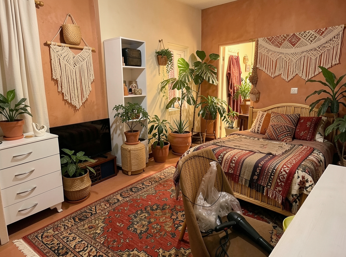Main redesign studio: Redesign this room in a Boho interior style: layered patterned textiles, rattan and macramé, terracotta and warm earthy tones, abundant plants, vintag