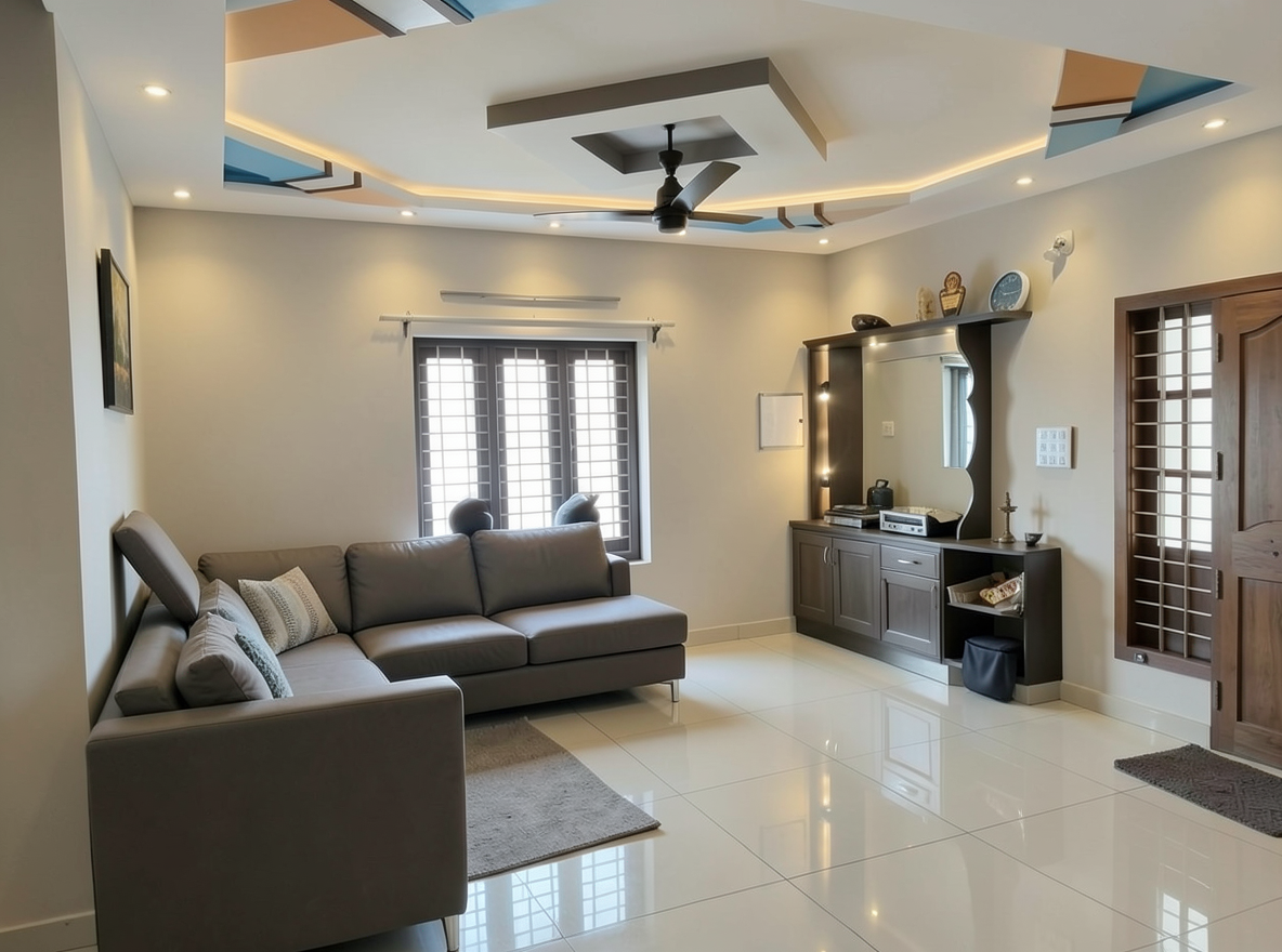 Main redesign studio: Redesign this room in a Modern interior style: clean lines, a neutral palette with bold accents, sleek low-profile furniture, glass and matte-metal su