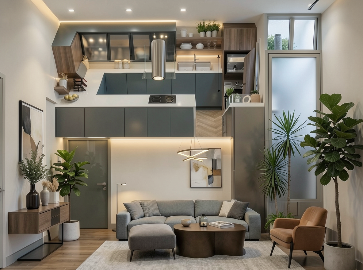 Main redesign studio: Redesign this room in a Modern interior style: clean lines, a neutral palette with bold accents, sleek low-profile furniture, glass and matte-metal su