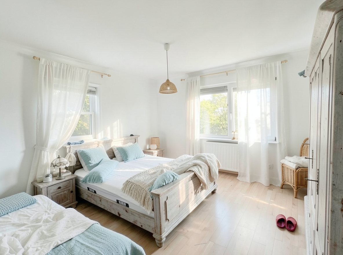 Main redesign studio: Redesign this room in a Coastal interior style: airy whites and soft-blue tones, weathered light wood, natural linen and woven textures, breezy sheer