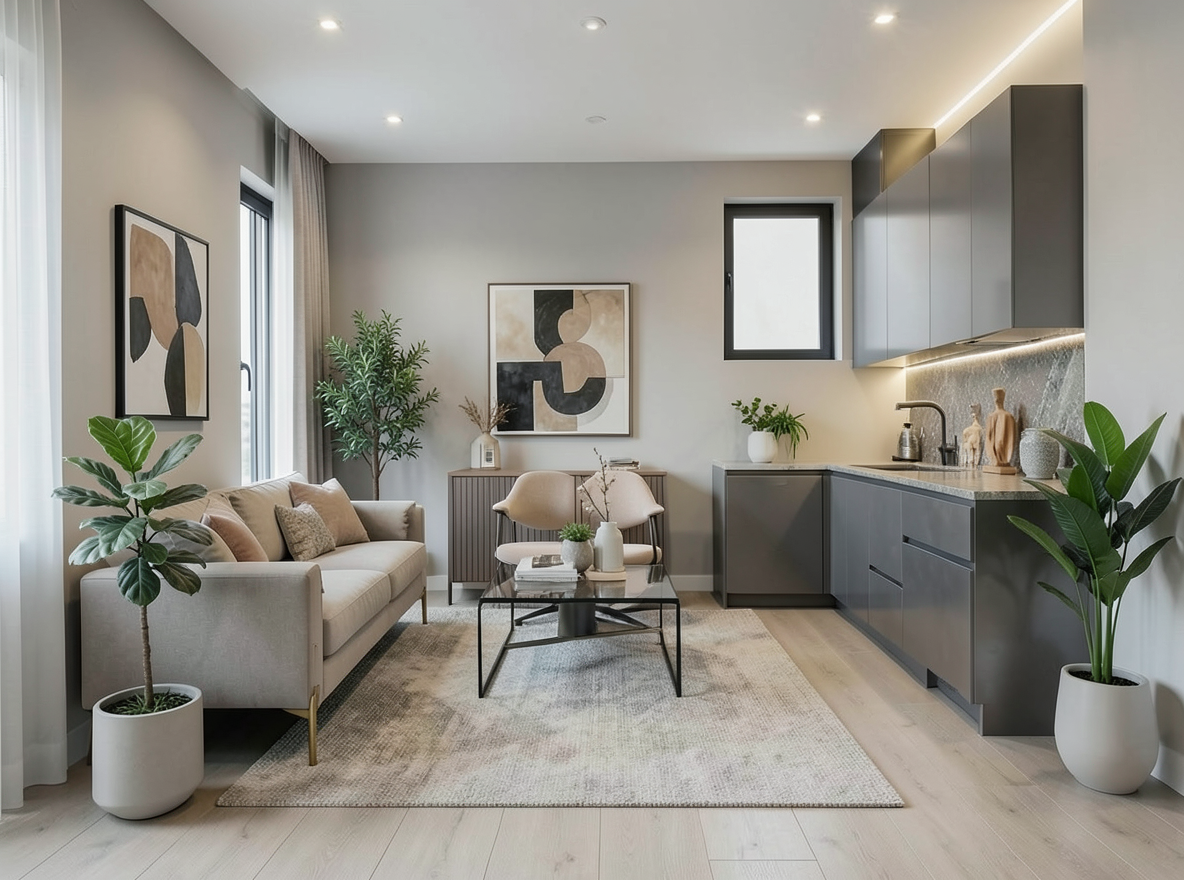 Main redesign studio: Redesign this room in a Modern interior style: clean lines, a neutral palette with bold accents, sleek low-profile furniture, glass and matte-metal su