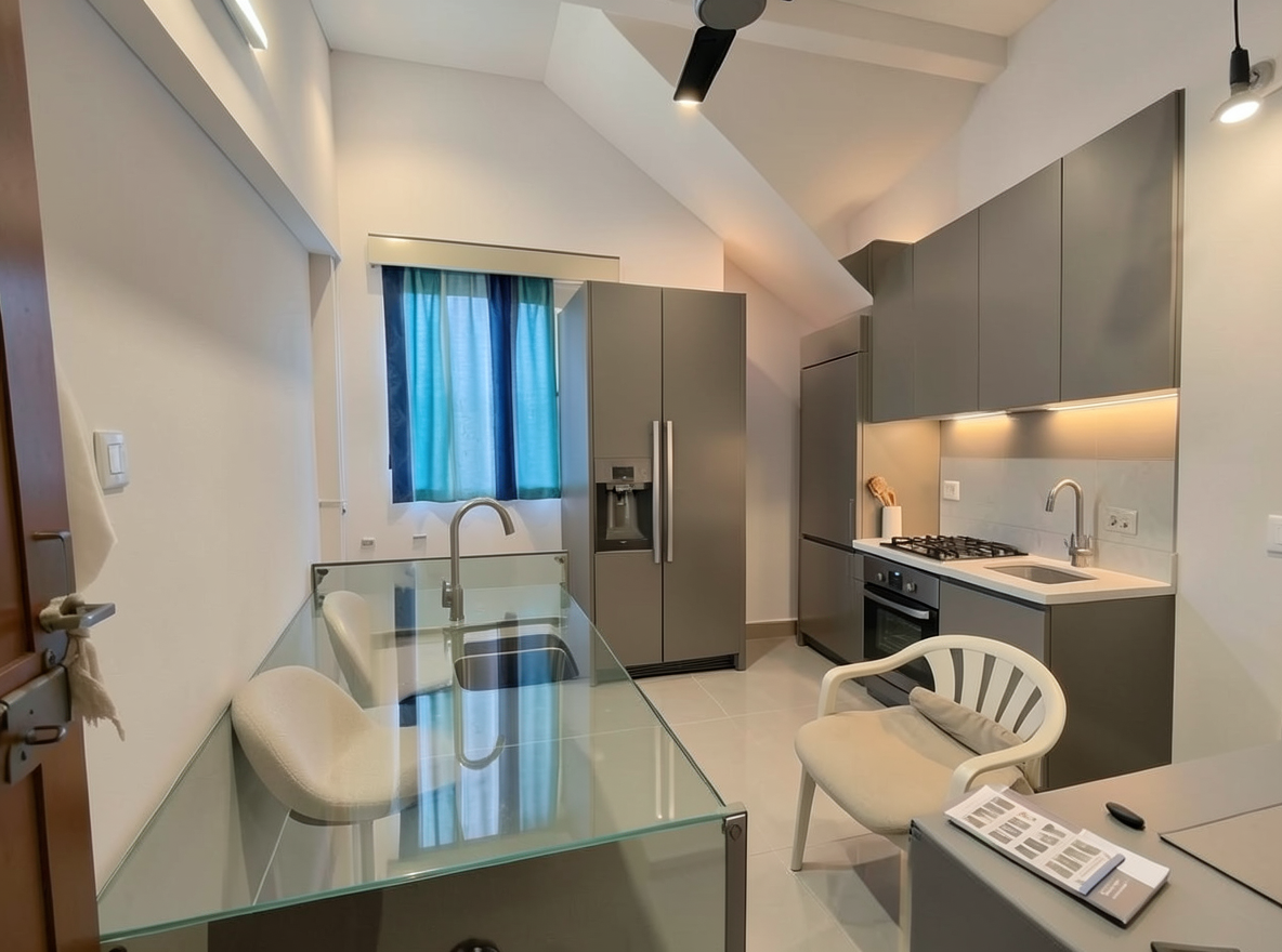 Main redesign studio: Redesign this room in a Modern interior style: clean lines, a neutral palette with bold accents, sleek low-profile furniture, glass and matte-metal su