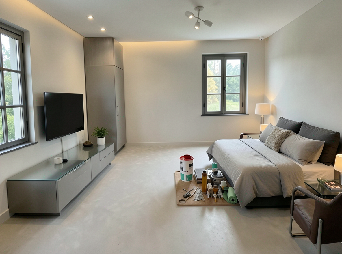 Main redesign studio: Redesign this room in a Modern interior style: clean lines, a neutral palette with bold accents, sleek low-profile furniture, glass and matte-metal su