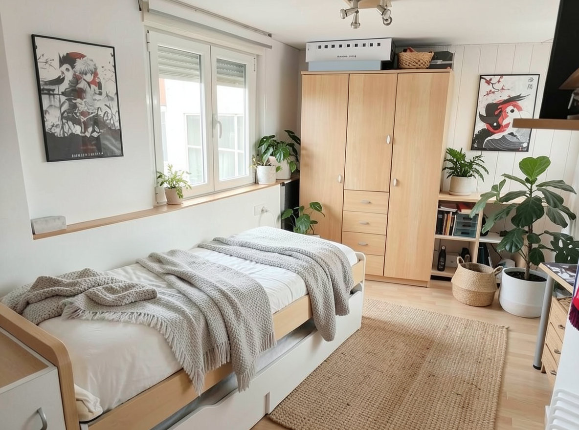 Main redesign studio: Redesign this room in a Scandinavian interior style: light oak wood, a white and soft-grey palette, wool and linen textiles, a woven jute rug, leafy p