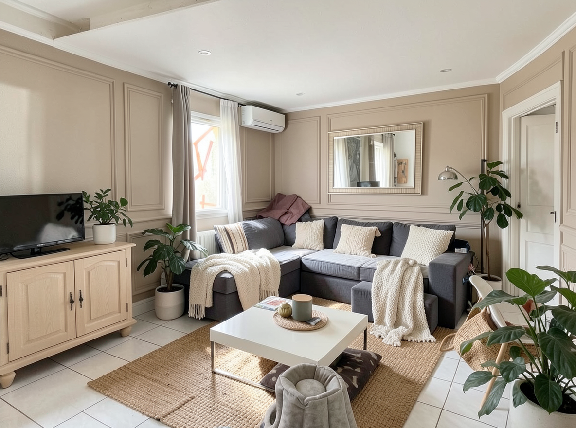 Main redesign studio: Redesign this room in a Scandinavian interior style: light oak wood, a white and soft-grey palette, wool and linen textiles, a woven jute rug, leafy p