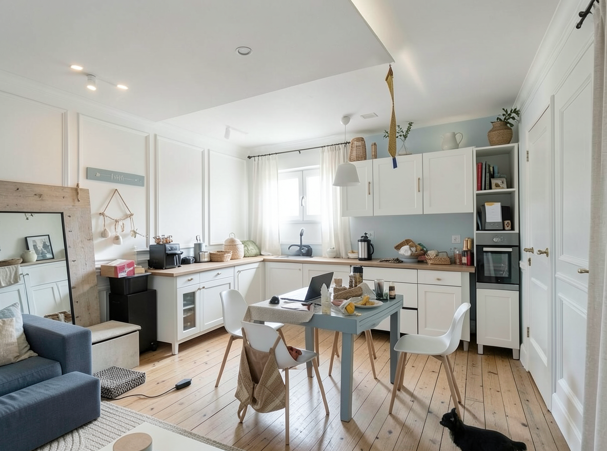 Main redesign studio: Redesign this room in a Coastal interior style: airy whites and soft-blue tones, weathered light wood, natural linen and woven textures, breezy sheer