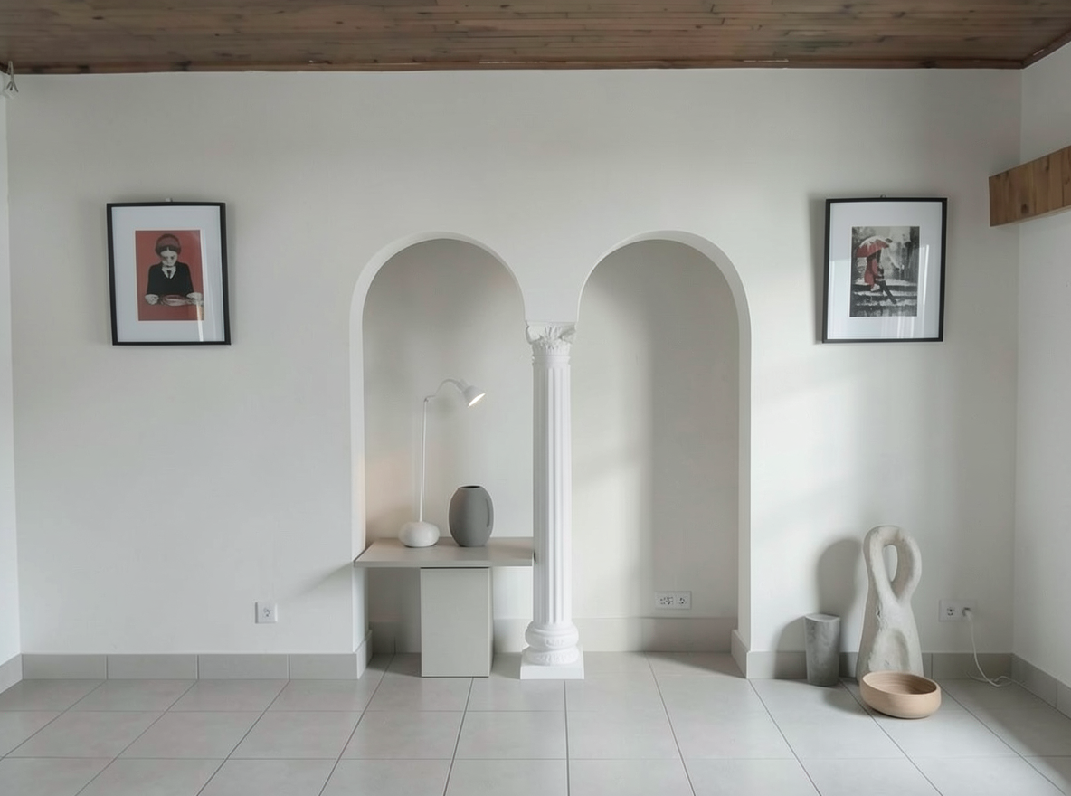 Main redesign studio: Redesign this room in a Minimalist interior style: an uncluttered space, a monochrome neutral palette, a few sculptural pieces, concealed storage, sof
