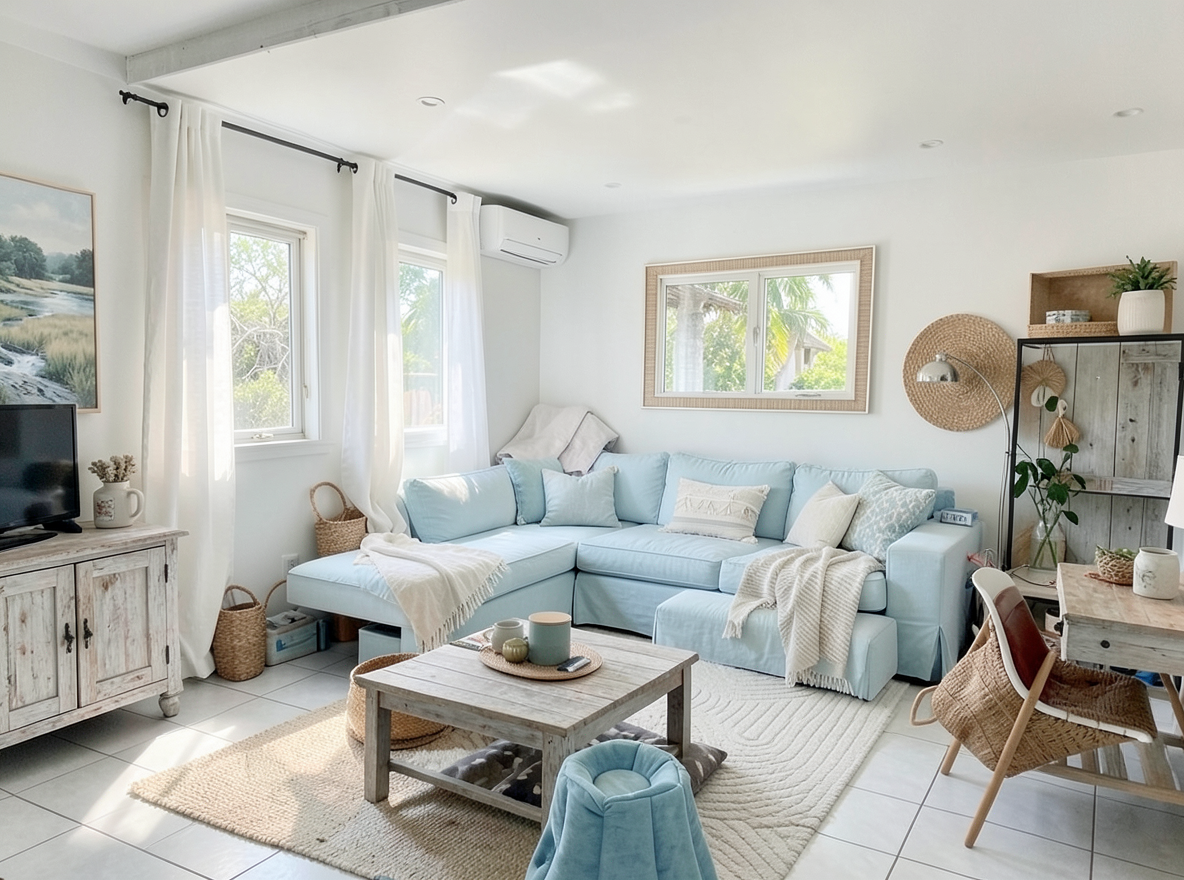 Main redesign studio: Redesign this room in a Coastal interior style: airy whites and soft-blue tones, weathered light wood, natural linen and woven textures, breezy sheer