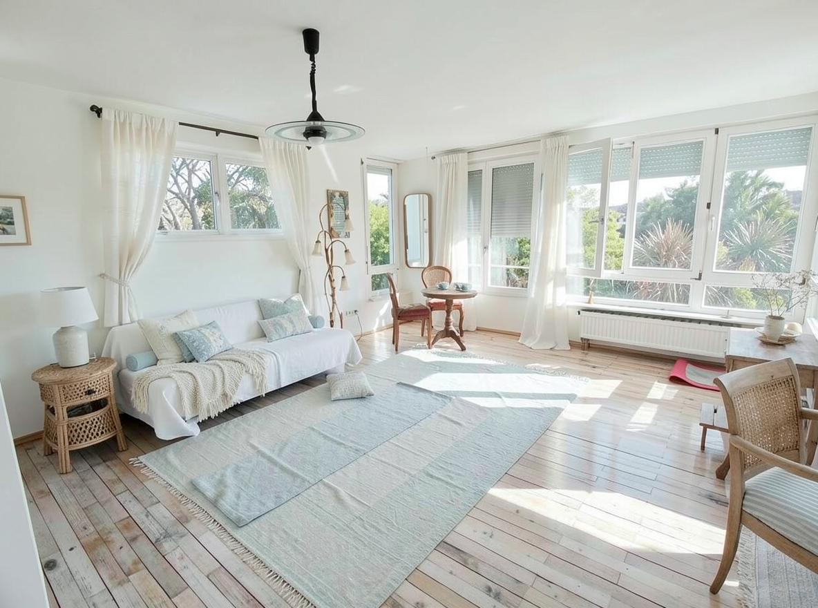 Main redesign studio: Redesign this room in a Coastal interior style: airy whites and soft-blue tones, weathered light wood, natural linen and woven textures, breezy sheer
