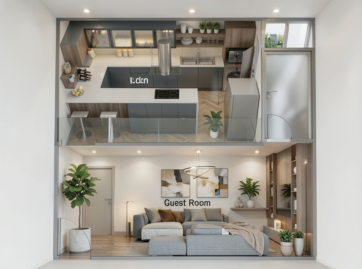 Main redesign studio: Redesign this room in a Modern interior style: clean lines, a neutral palette with bold accents, sleek low-profile furniture, glass and matte-metal su