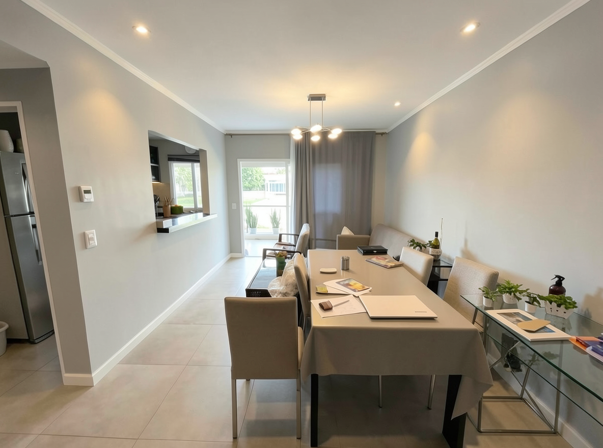 Main redesign studio: Redesign this room in a Modern interior style: clean lines, a neutral palette with bold accents, sleek low-profile furniture, glass and matte-metal su