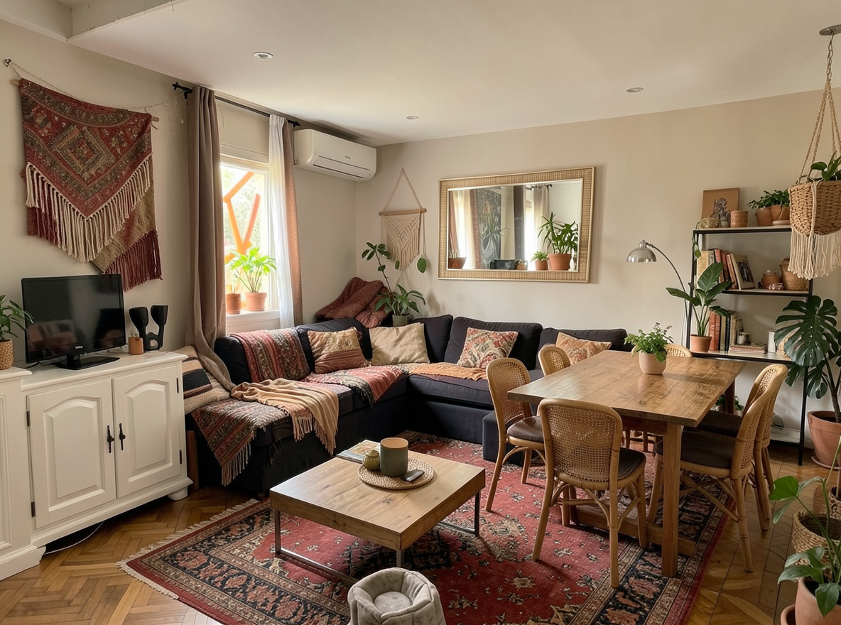 Main redesign studio: Redesign this room in a Boho interior style: layered patterned textiles, rattan and macramé, terracotta and warm earthy tones, abundant plants, vintag