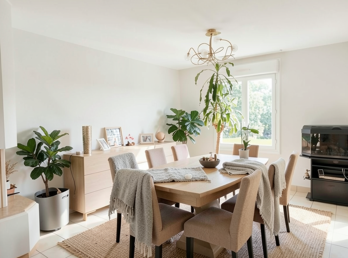 Main redesign studio: Redesign this room in a Scandinavian interior style: light oak wood, a white and soft-grey palette, wool and linen textiles, a woven jute rug, leafy p