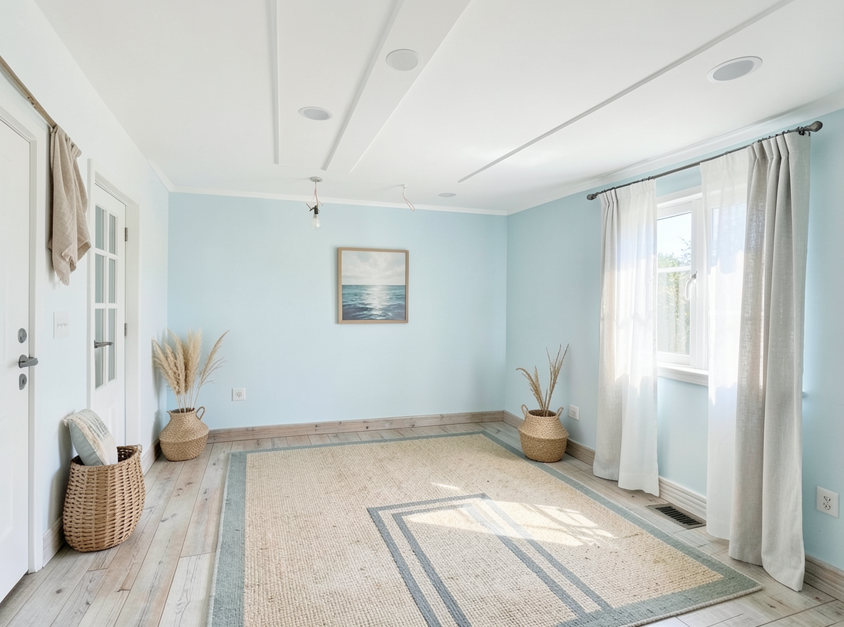 Main redesign studio: Redesign this room in a Coastal interior style: airy whites and soft-blue tones, weathered light wood, natural linen and woven textures, breezy sheer