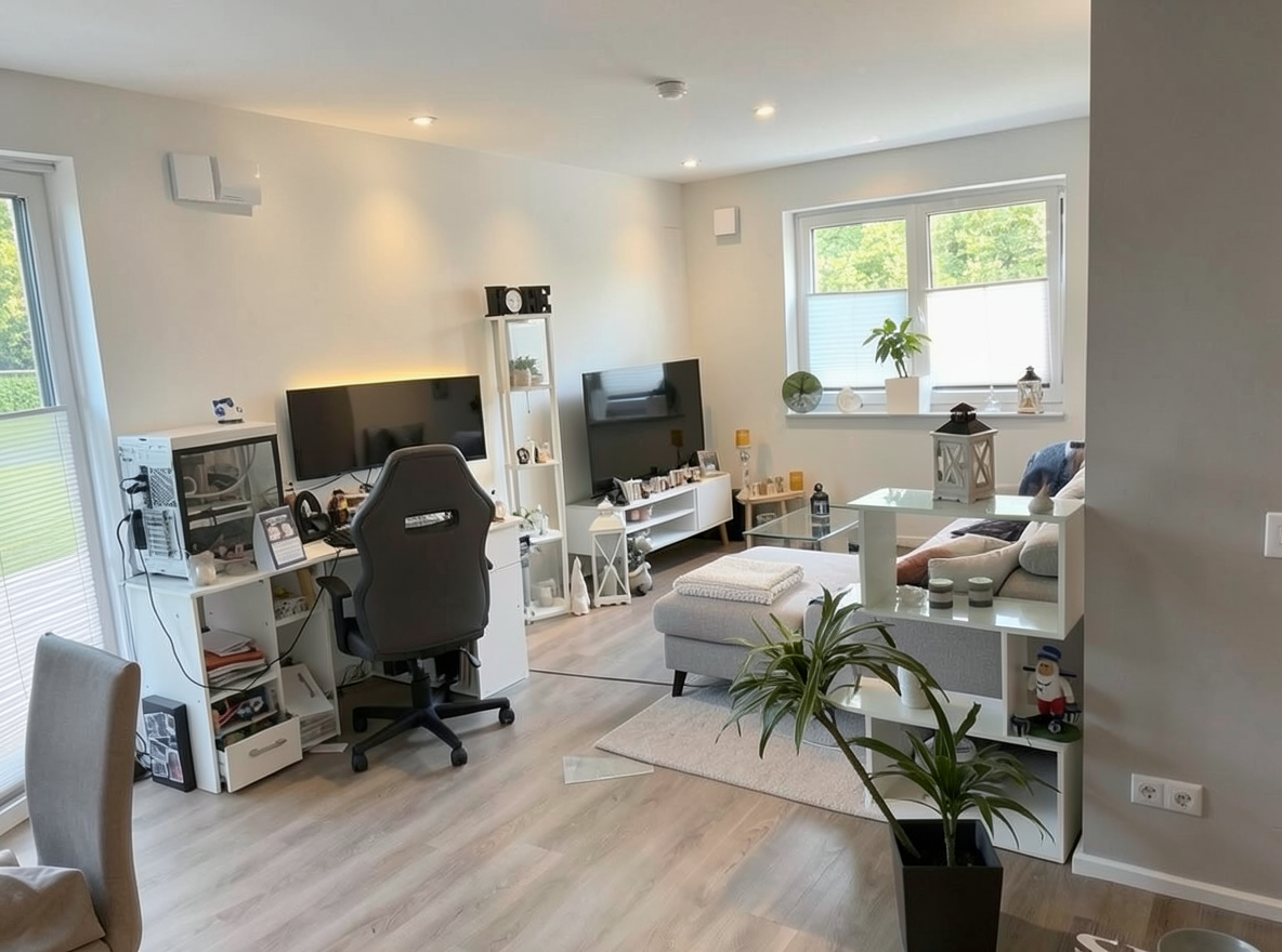 Main redesign studio: Redesign this room in a Modern interior style: clean lines, a neutral palette with bold accents, sleek low-profile furniture, glass and matte-metal su