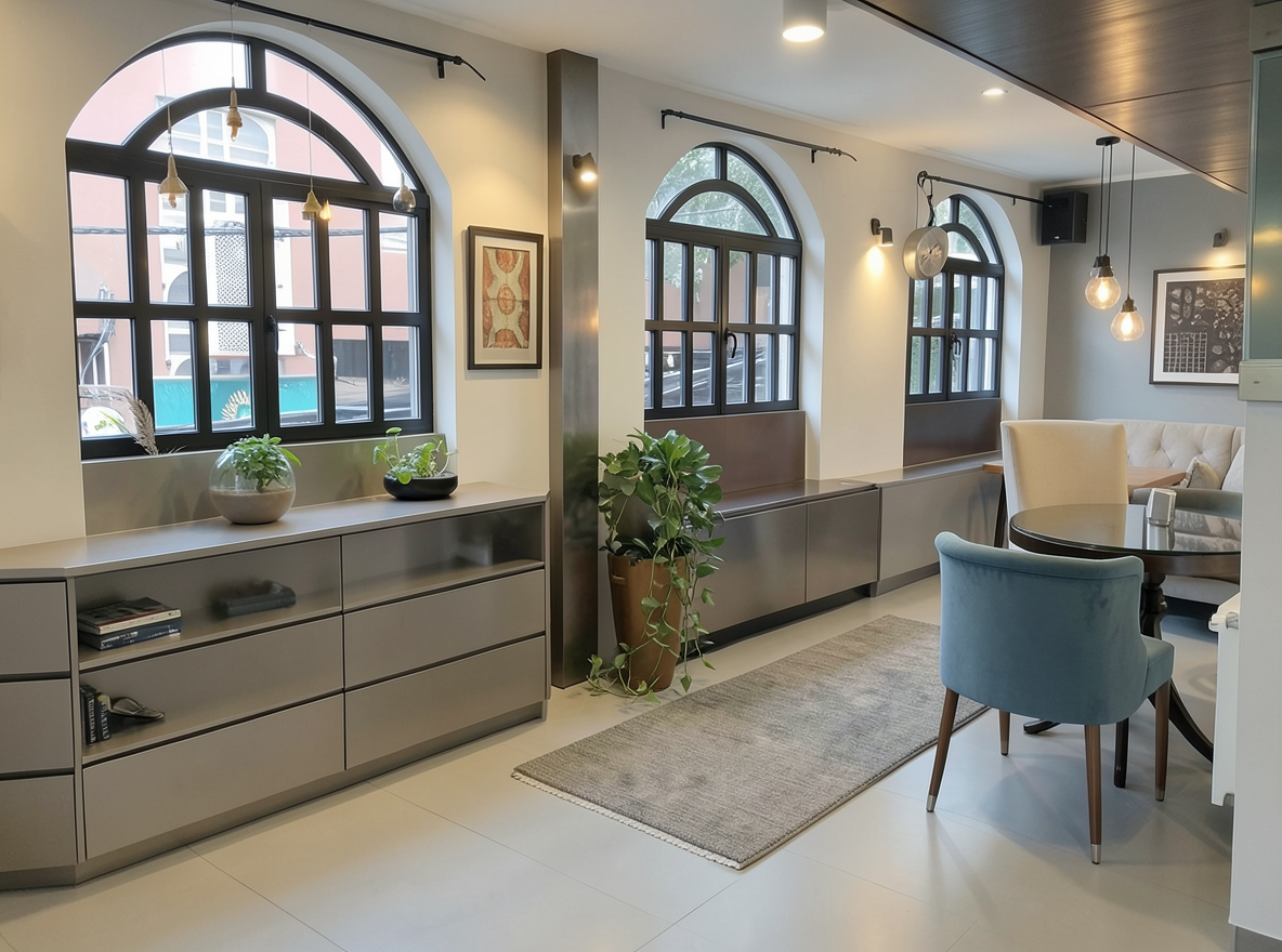 Main redesign studio: Redesign this room in a Modern interior style: clean lines, a neutral palette with bold accents, sleek low-profile furniture, glass and matte-metal su