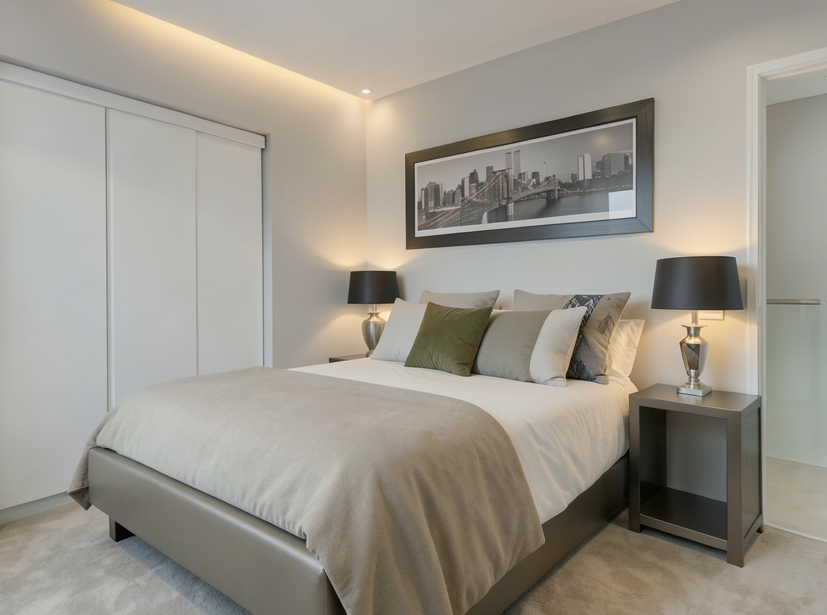 Main redesign studio: Redesign this room in a Modern interior style: clean lines, a neutral palette with bold accents, sleek low-profile furniture, glass and matte-metal su